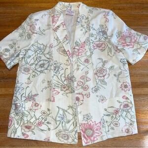90's Vtg Berg Ray Women 14 Cream Pink Floral Cottagecore Open Front Frock Blazer
